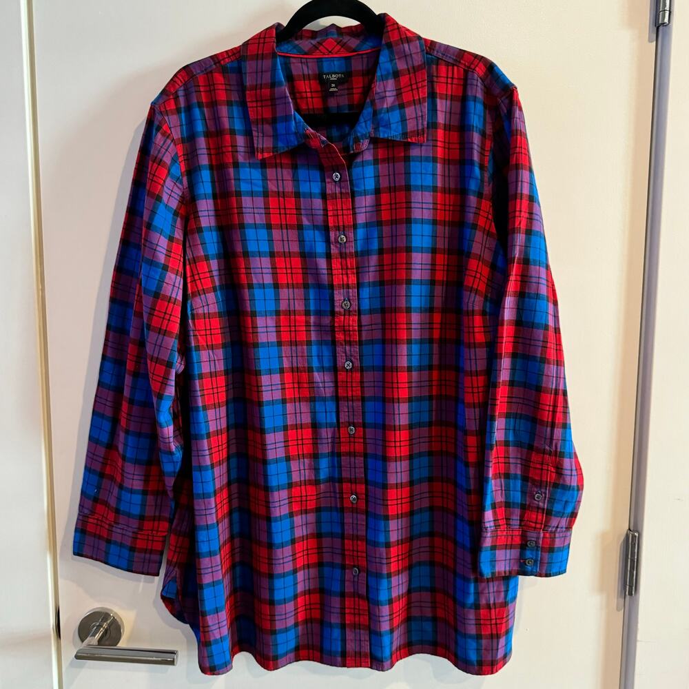 Talbots Plaid Shirt Blue Red Collared Front Button Cotton Long Sleeve Sz 3X